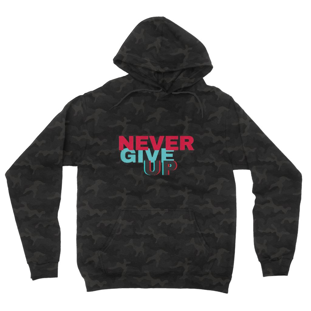 Never Give Up Camouflage Adult Hoodie featuring a classic camo print, double fabric hood, and kangaroo pouch pocket.