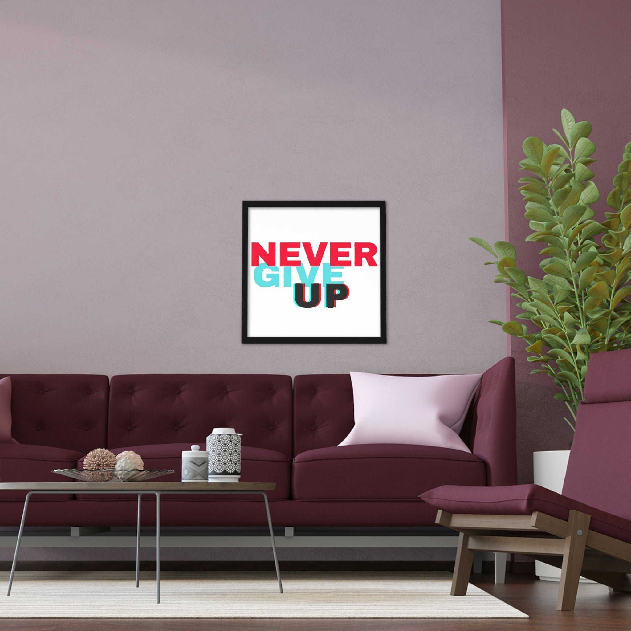 Never Give Up Framed Poster with a hand-crafted wooden frame, showcasing vibrant colors and motivational design.