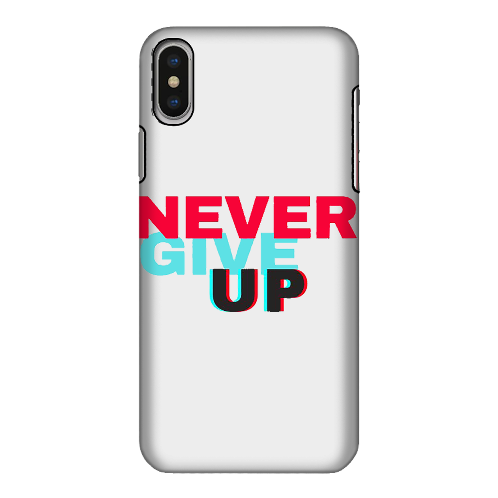 Never Give Up Fully Printed Tough Phone Case showcasing vibrant design and durable materials for maximum protection.