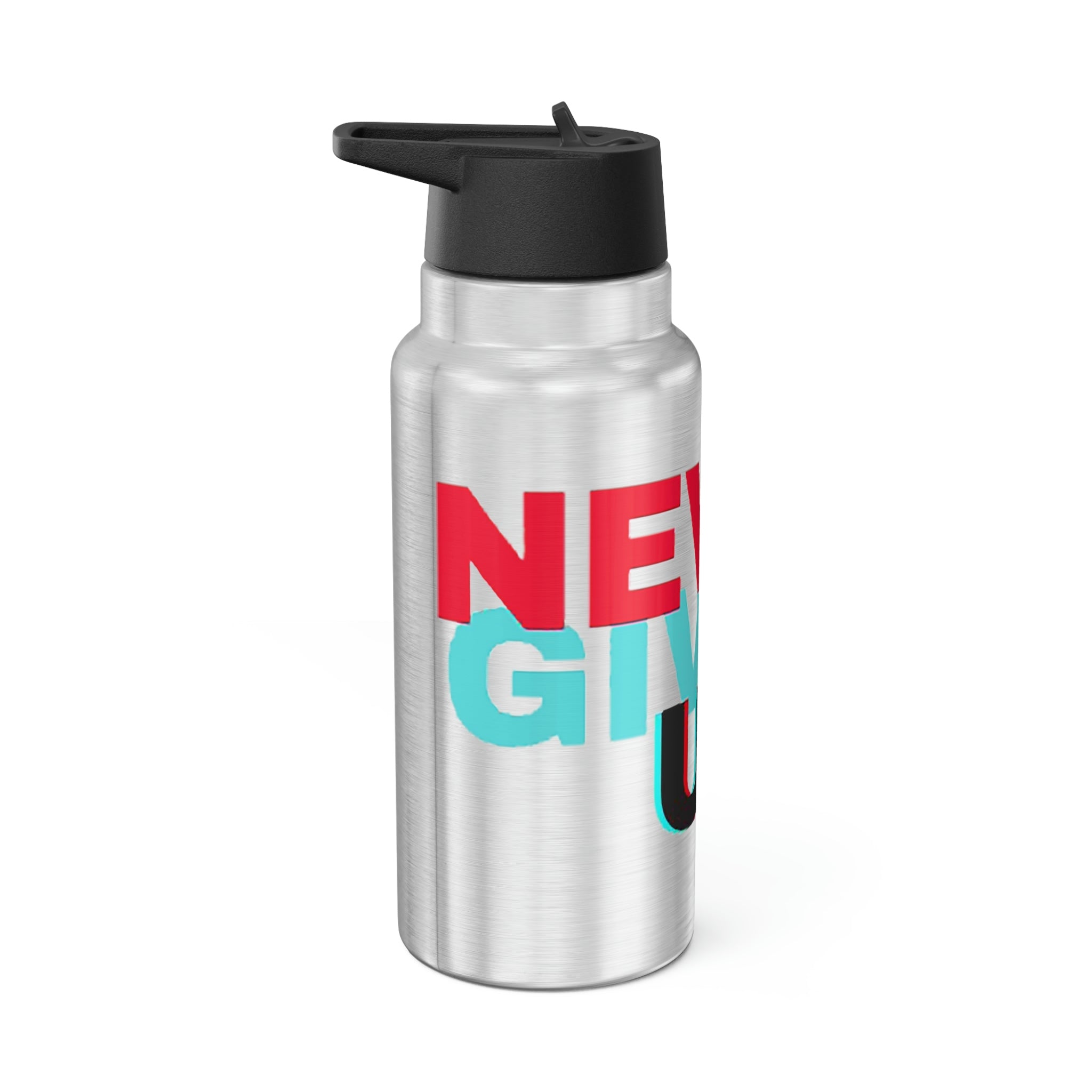 Never Give Up Gator Tumbler, 32oz, stainless steel with a black plastic cap and straw, customizable design.