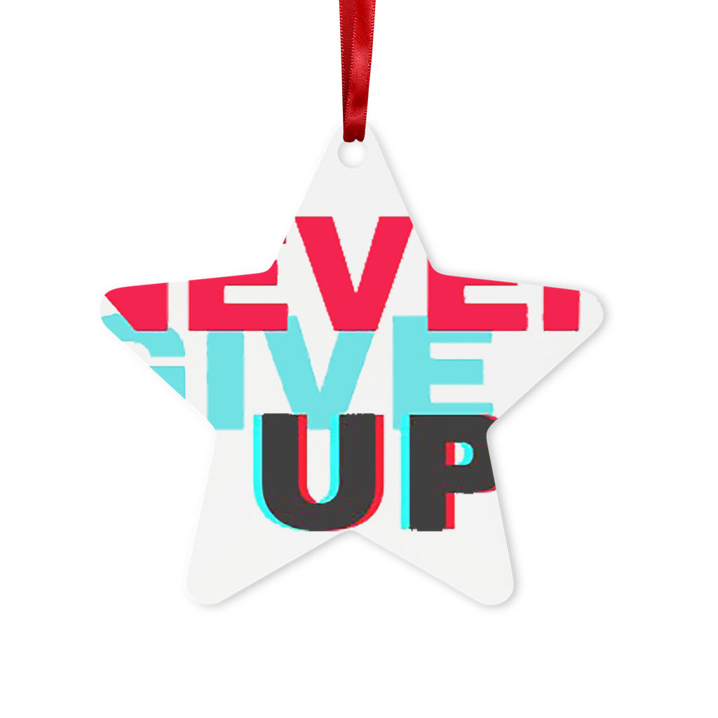 Never Give Up Metal Hanging Ornament in hexagon and star shapes, featuring a gloss white finish and red ribbon for hanging.