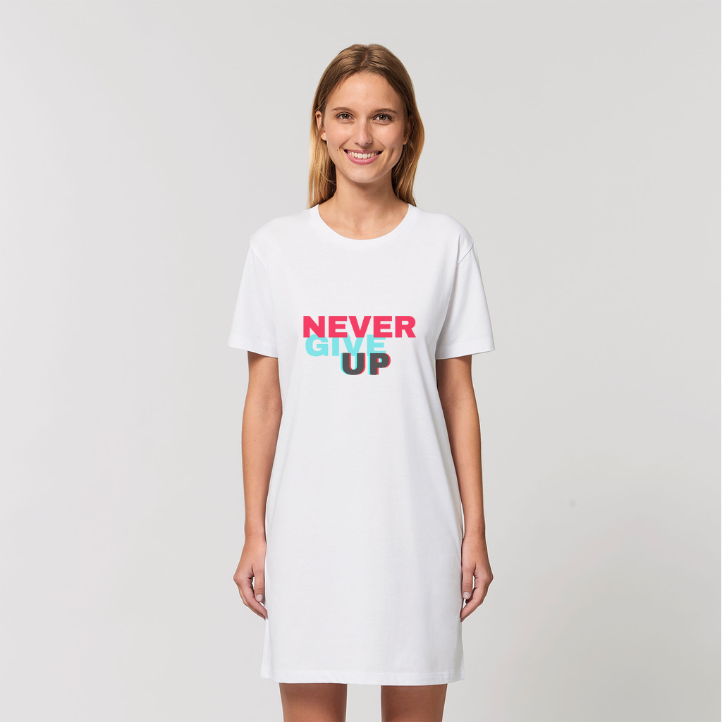 A stylish women's t-shirt dress made from 100% organic cotton, featuring a comfortable fit and elegant design, perfect for casual outings.