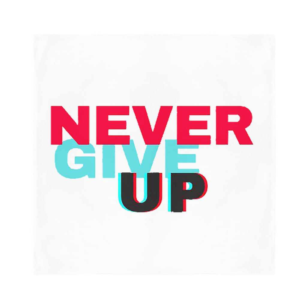 Never Give Up Sublimation Bandana made of super soft polyester, featuring a vibrant design, perfect for styling and comfort.