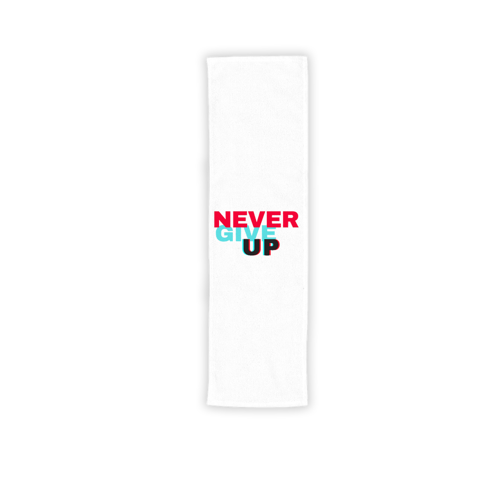 Never Give Up Sublimation Sport Towel in two sizes, showcasing vibrant colors and soft texture, perfect for workouts and sublimation printing.