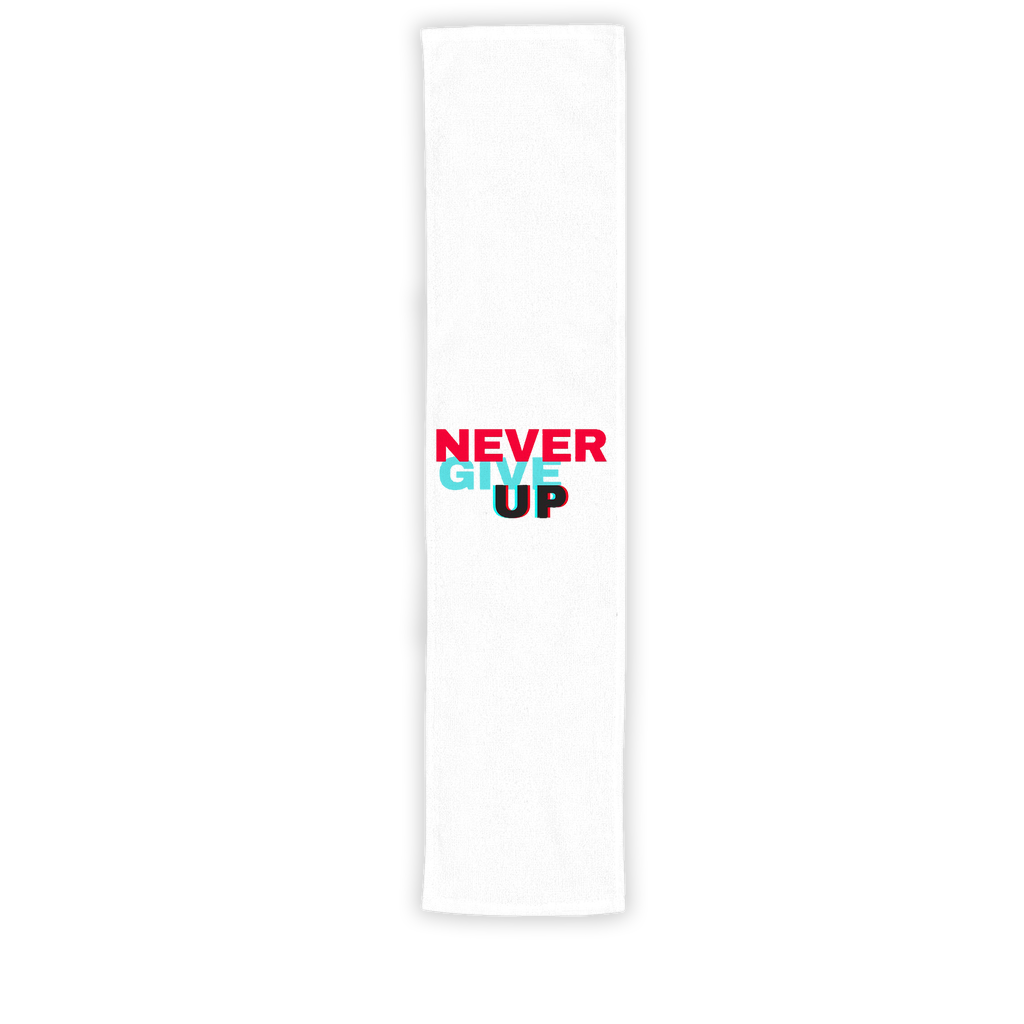 Never Give Up Sublimation Sport Towel in two sizes, showcasing vibrant colors and soft texture, perfect for workouts and sublimation printing.