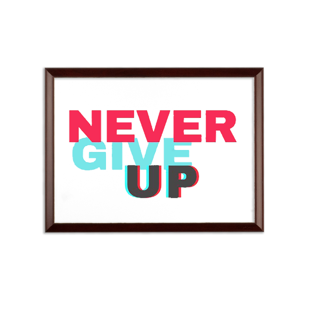 Never Give Up Sublimation Wall Plaque with a brown wooden frame and white printable surface, showcasing an elegant ogee shaped edge.