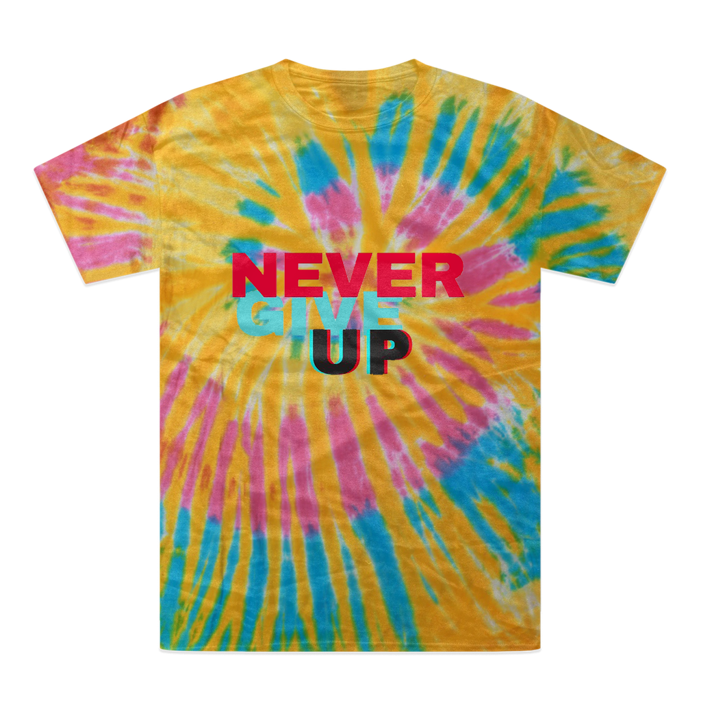 A vibrant Never Give Up Tie-Dye T-Shirt showcasing unique color patterns and a comfortable fit, perfect for casual wear.