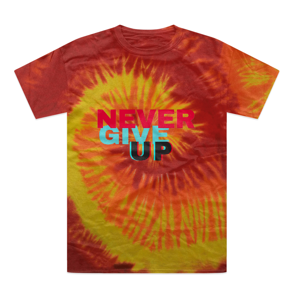 A vibrant Never Give Up Tie-Dye T-Shirt showcasing unique color patterns and a comfortable fit, perfect for casual wear.