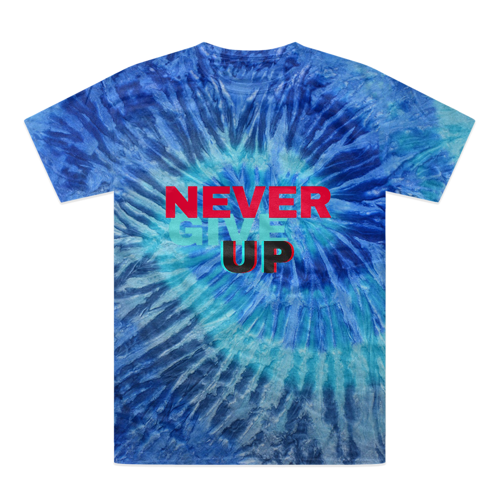 A vibrant Never Give Up Tie-Dye T-Shirt showcasing unique color patterns and a comfortable fit, perfect for casual wear.