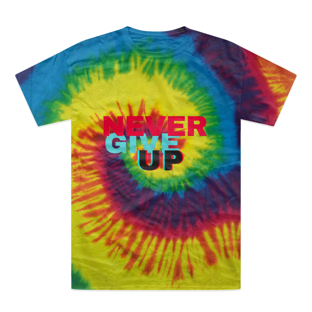 A vibrant Never Give Up Tie-Dye T-Shirt showcasing unique color patterns and a comfortable fit, perfect for casual wear.