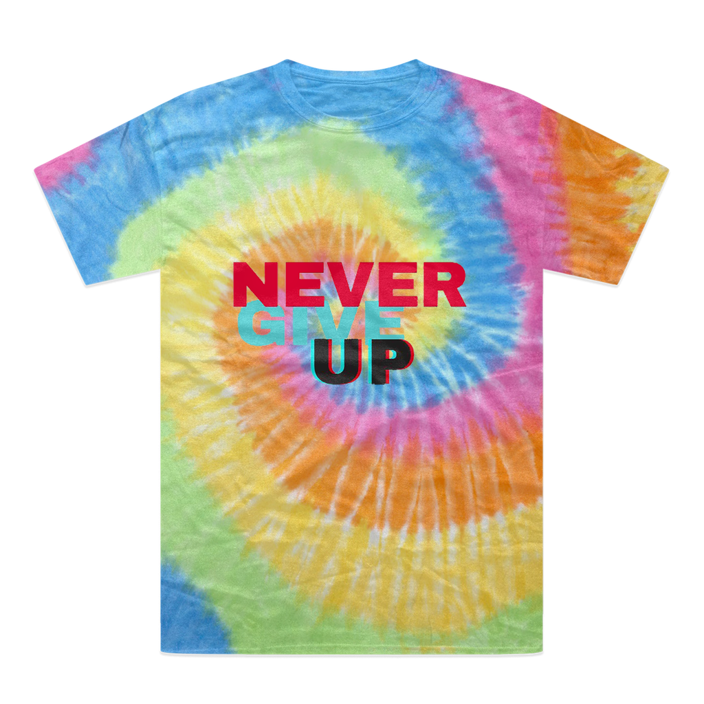 A vibrant Never Give Up Tie-Dye T-Shirt showcasing unique color patterns and a comfortable fit, perfect for casual wear.