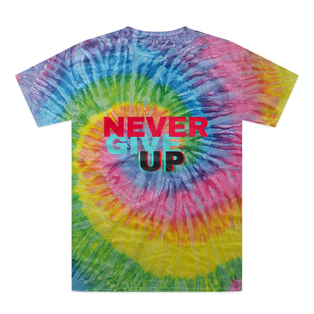 A vibrant Never Give Up Tie-Dye T-Shirt showcasing unique color patterns and a comfortable fit, perfect for casual wear.