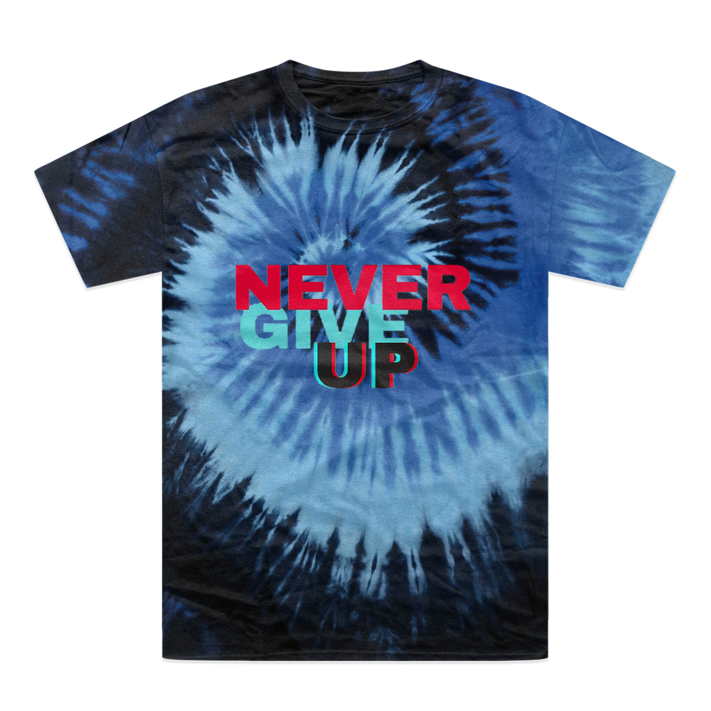 A vibrant Never Give Up Tie-Dye T-Shirt showcasing unique color patterns and a comfortable fit, perfect for casual wear.