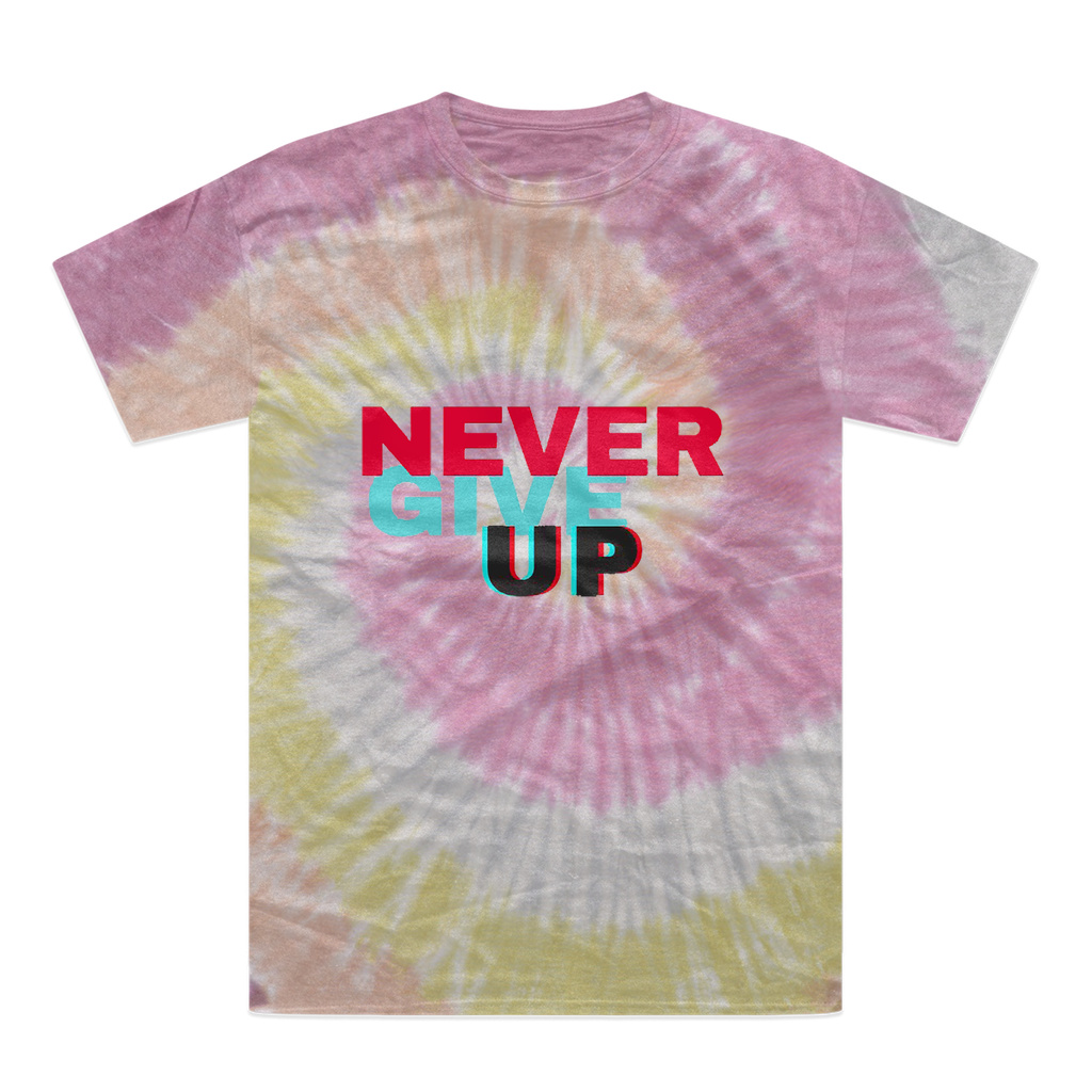 A vibrant Never Give Up Tie-Dye T-Shirt showcasing unique color patterns and a comfortable fit, perfect for casual wear.