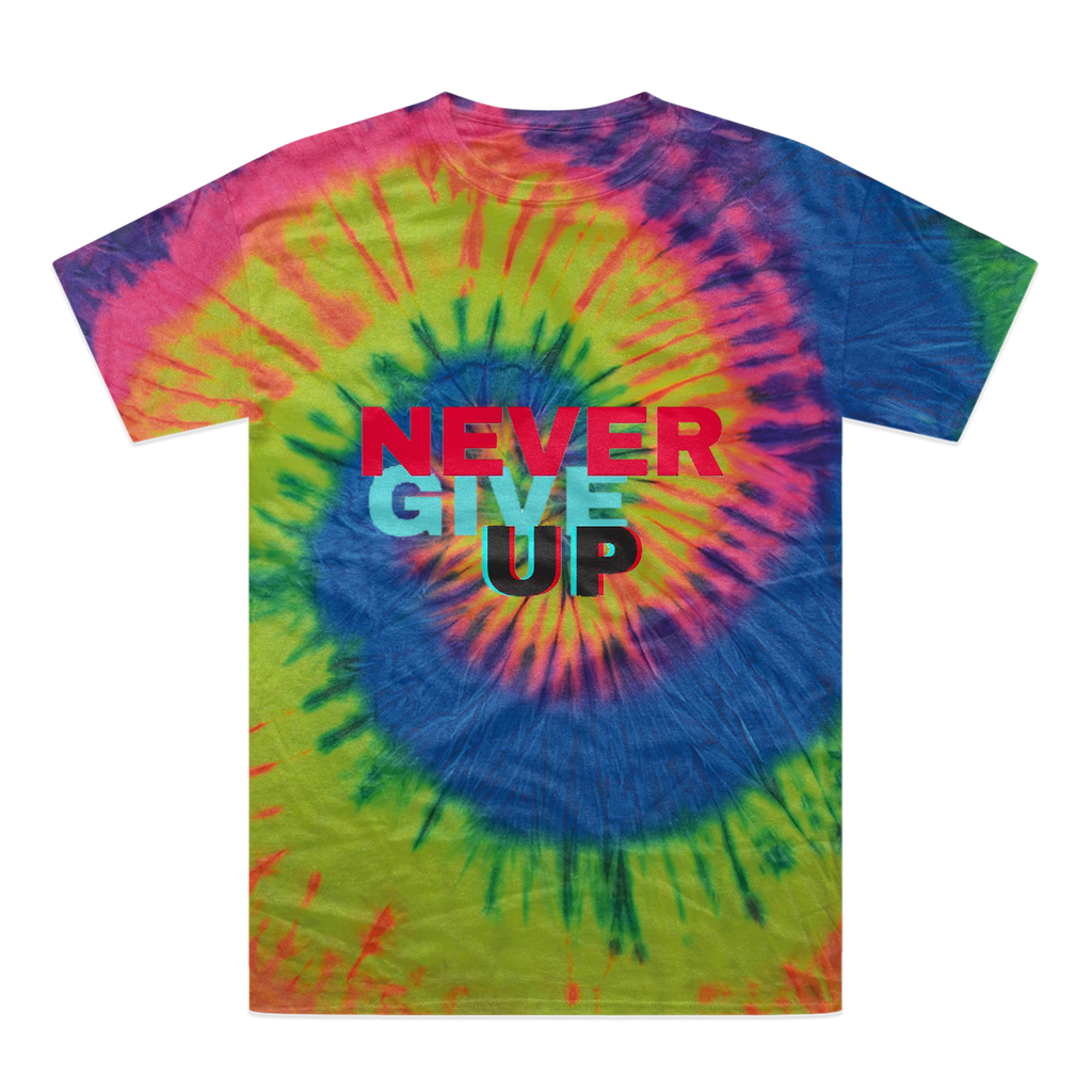 A vibrant Never Give Up Tie-Dye T-Shirt showcasing unique color patterns and a comfortable fit, perfect for casual wear.