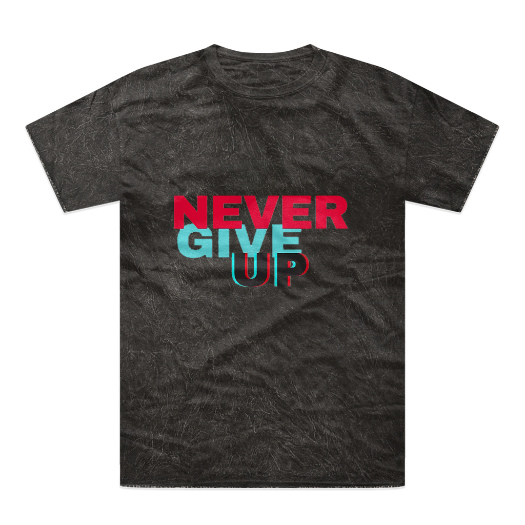 A vibrant Never Give Up Tie-Dye T-Shirt showcasing unique color patterns and a comfortable fit, perfect for casual wear.