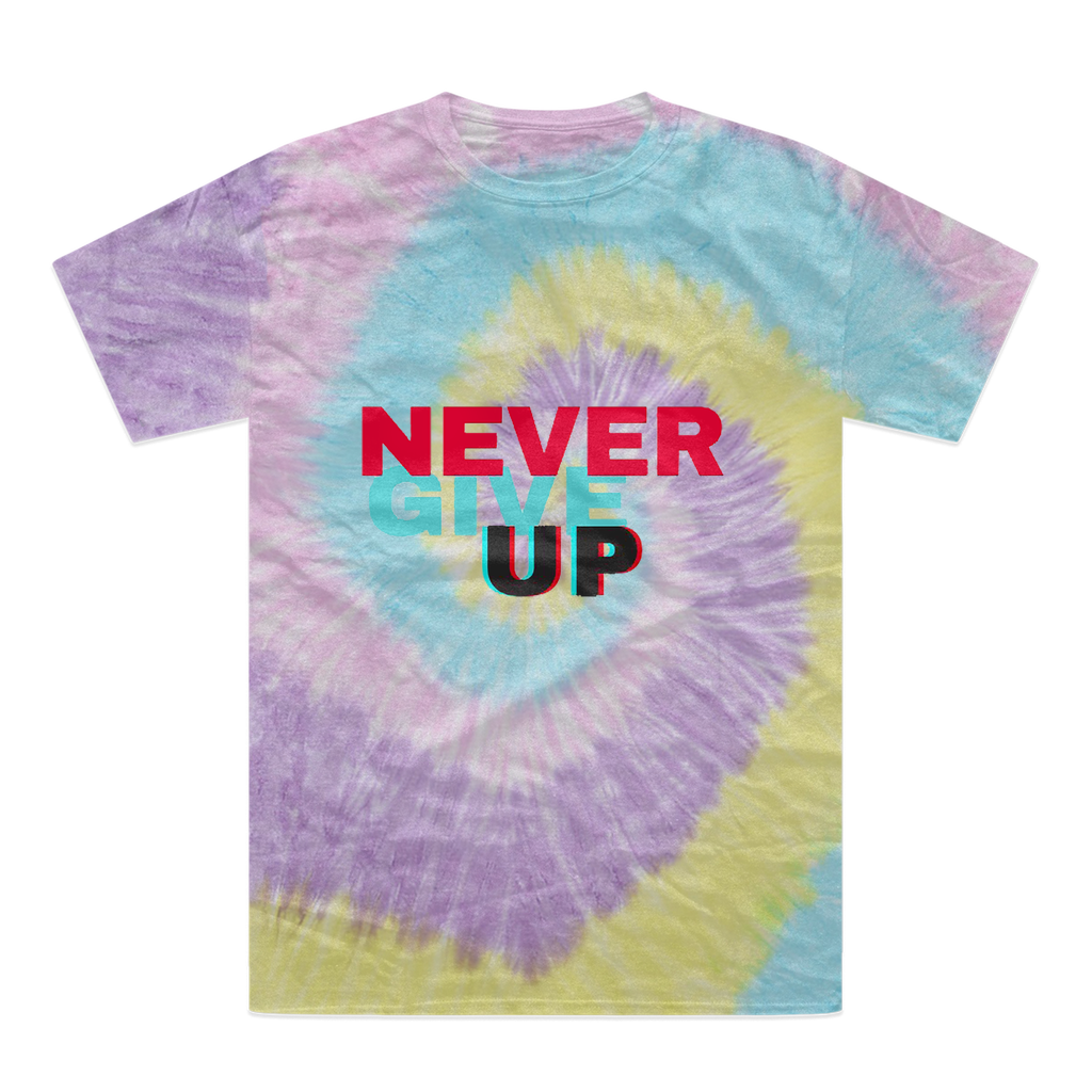 A vibrant Never Give Up Tie-Dye T-Shirt showcasing unique color patterns and a comfortable fit, perfect for casual wear.