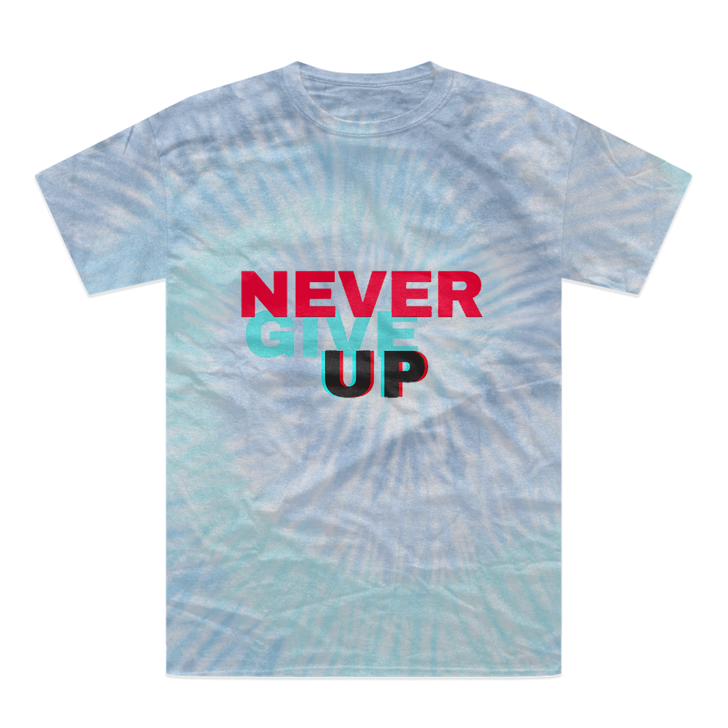 A vibrant Never Give Up Tie-Dye T-Shirt showcasing unique color patterns and a comfortable fit, perfect for casual wear.