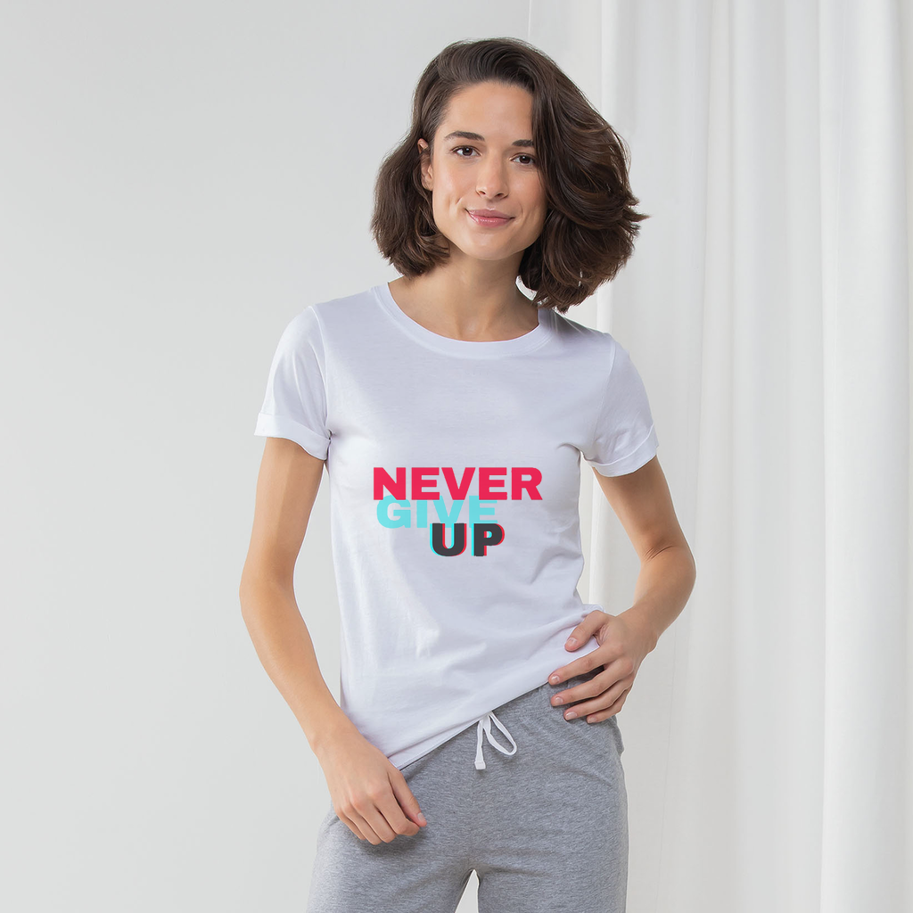 Never Give Up Women's Long Pant Pyjama Set featuring a white t-shirt, heather grey or light pink striped pants, and a matching drawcord bag.