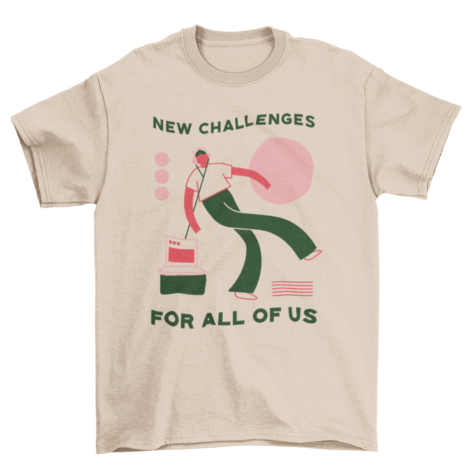 A stylish t-shirt featuring a person with headphones and the quote 'New challenges for all of us'.