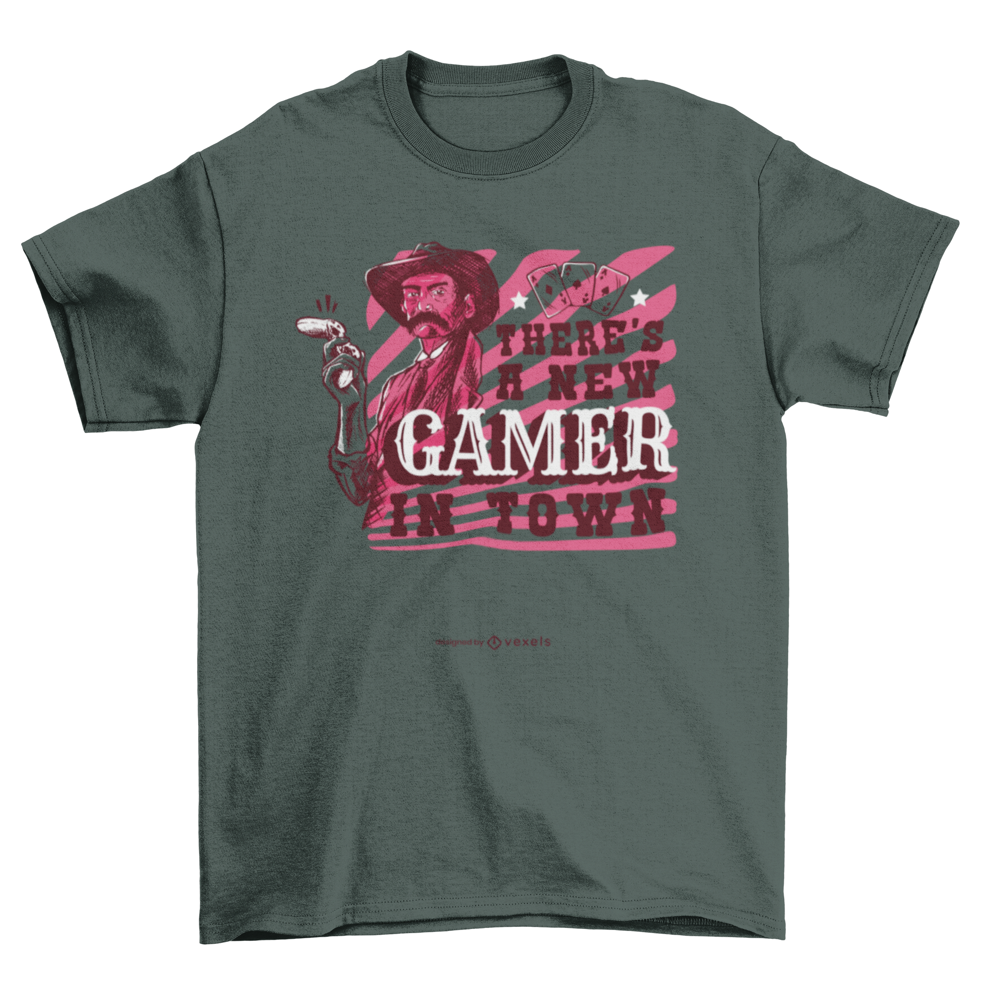 A humorous t-shirt featuring a cowboy holding a gaming controller with the quote 'There's a new gamer in town'.