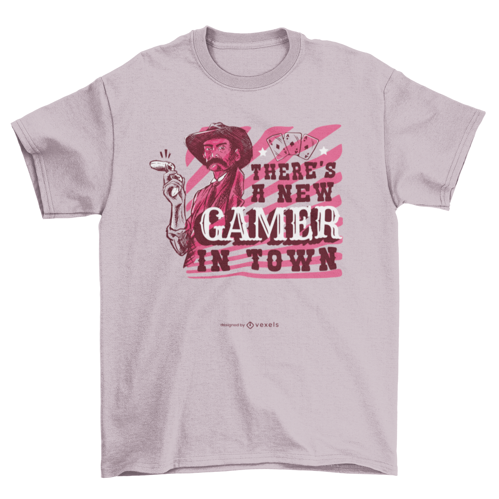 A humorous t-shirt featuring a cowboy holding a gaming controller with the quote 'There's a new gamer in town'.