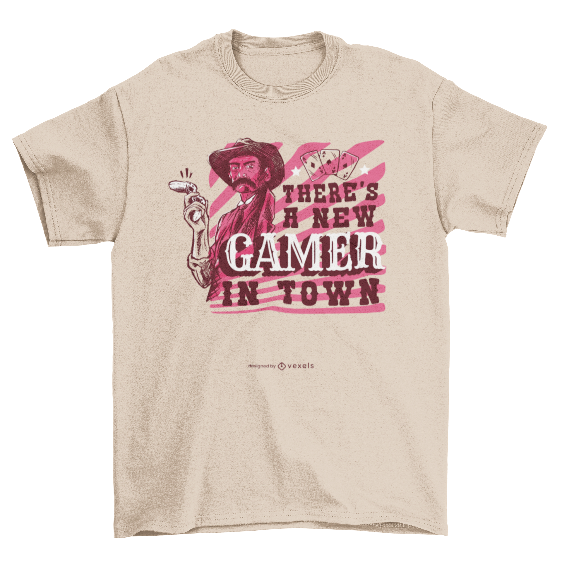 A humorous t-shirt featuring a cowboy holding a gaming controller with the quote 'There's a new gamer in town'.