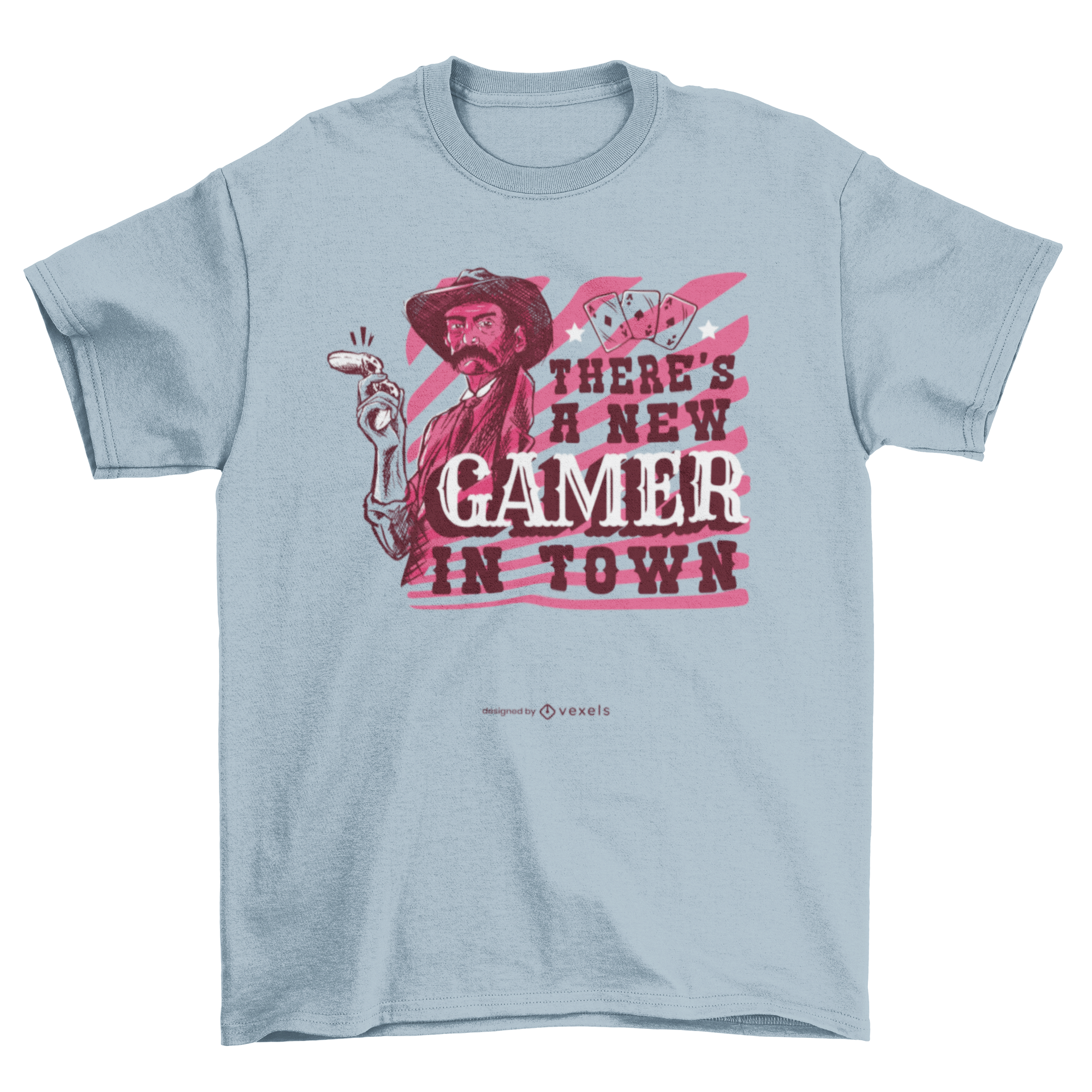 A humorous t-shirt featuring a cowboy holding a gaming controller with the quote 'There's a new gamer in town'.