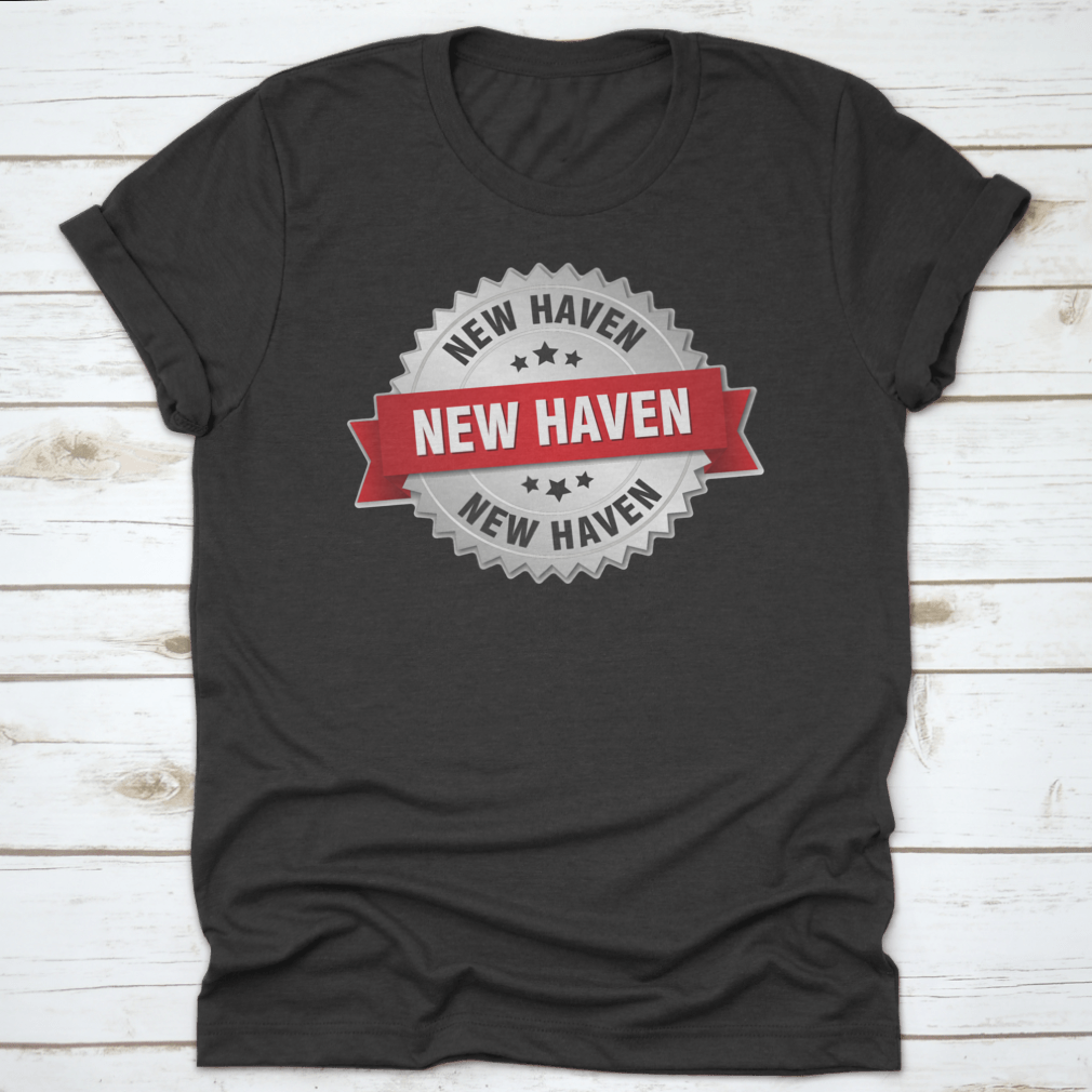 New Haven Round Silver Badge featuring a red ribbon vector graphic design on a stylish apparel piece.