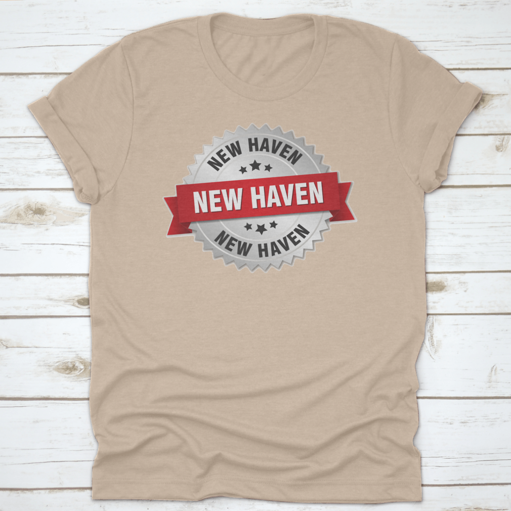 New Haven Round Silver Badge featuring a red ribbon vector graphic design on a stylish apparel piece.