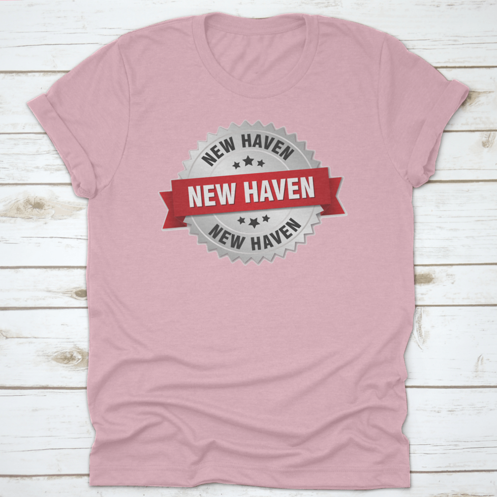 New Haven Round Silver Badge featuring a red ribbon vector graphic design on a stylish apparel piece.