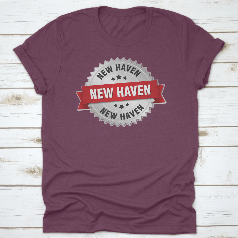 New Haven Round Silver Badge featuring a red ribbon vector graphic design on a stylish apparel piece.