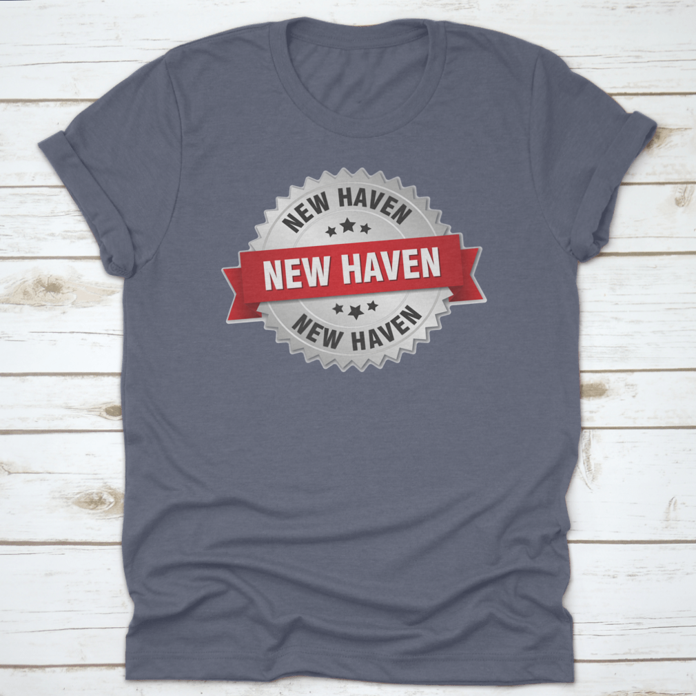 New Haven Round Silver Badge featuring a red ribbon vector graphic design on a stylish apparel piece.