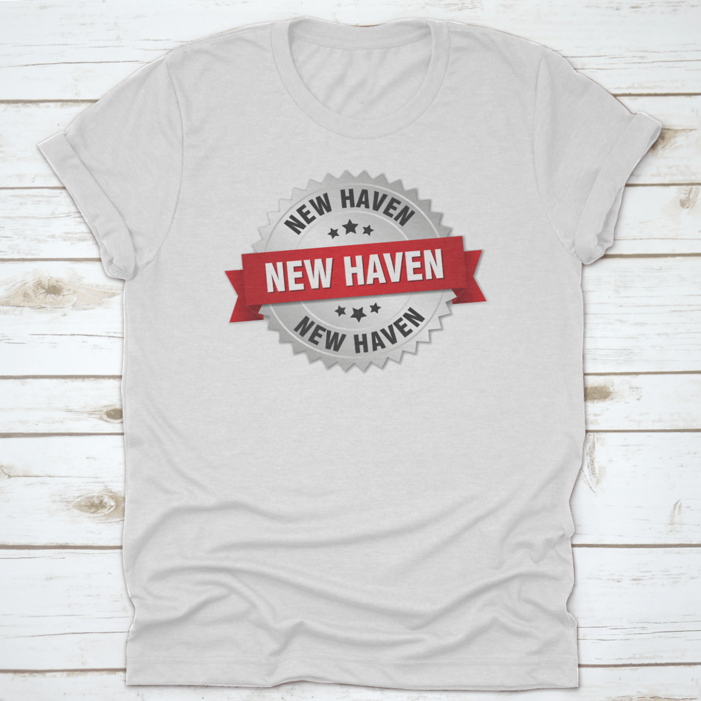 New Haven Round Silver Badge featuring a red ribbon vector graphic design on a stylish apparel piece.