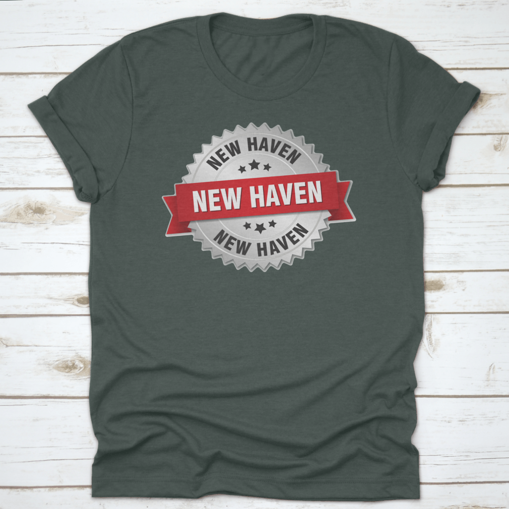 New Haven Round Silver Badge featuring a red ribbon vector graphic design on a stylish apparel piece.