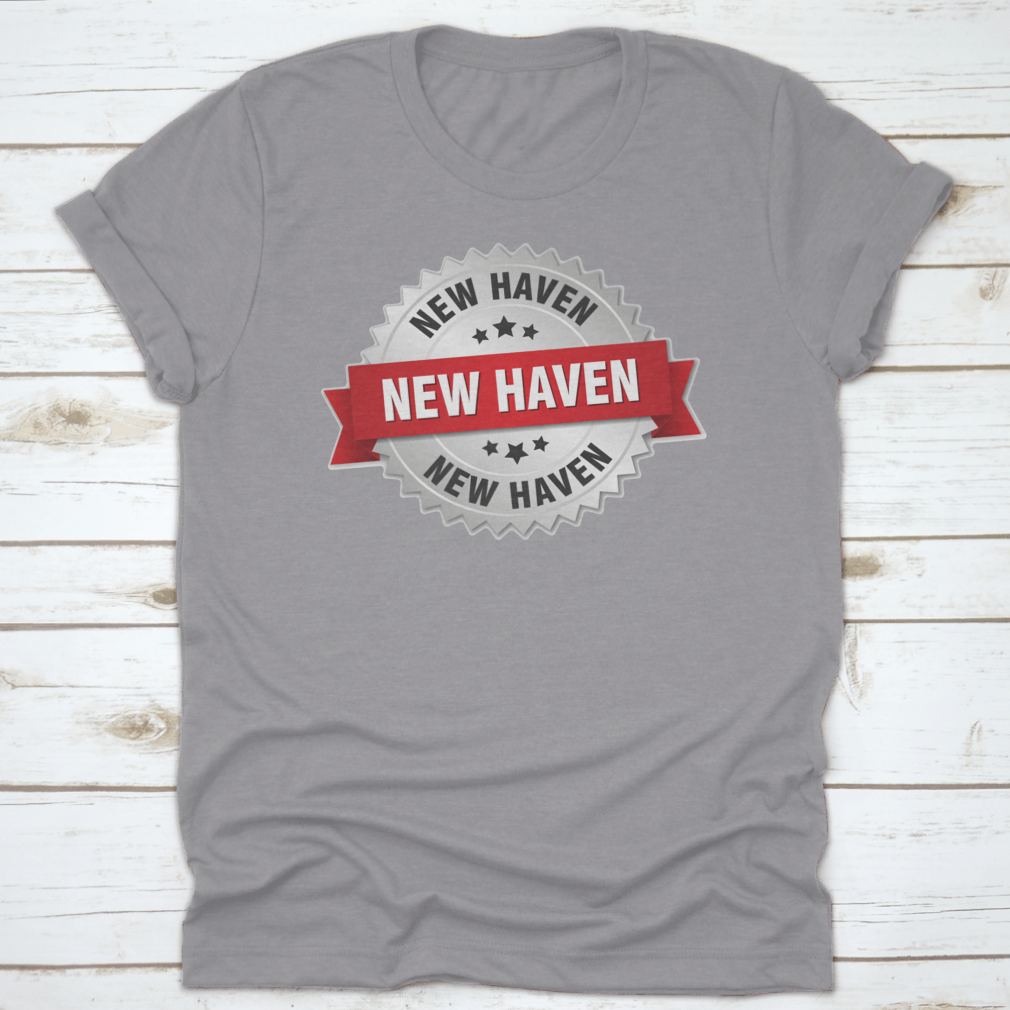 New Haven Round Silver Badge featuring a red ribbon vector graphic design on a stylish apparel piece.