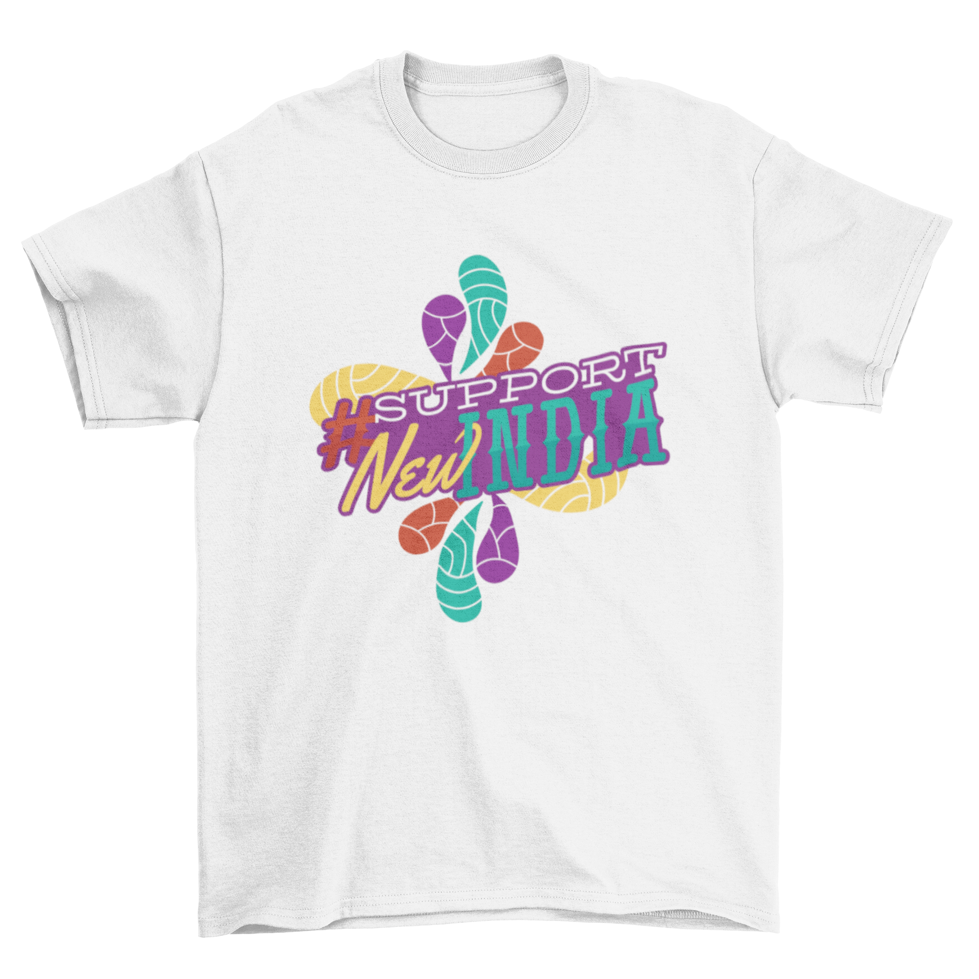 New India T-Shirt featuring a colorful graphic and hashtag Support New India, perfect for casual wear.