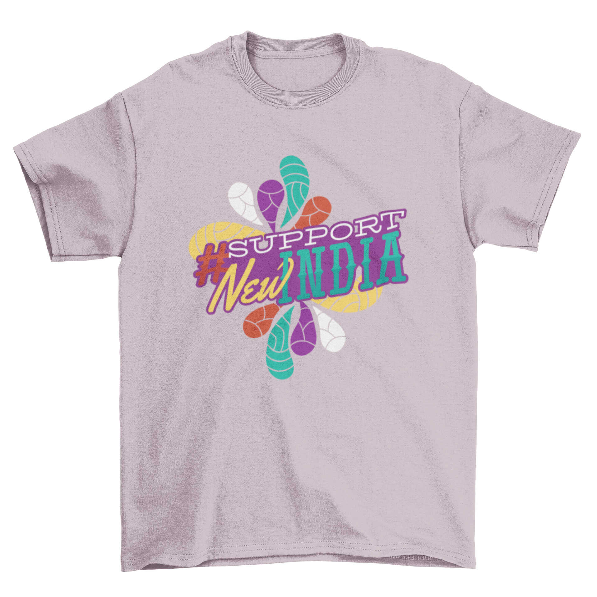 New India T-Shirt featuring a colorful graphic and hashtag Support New India, perfect for casual wear.