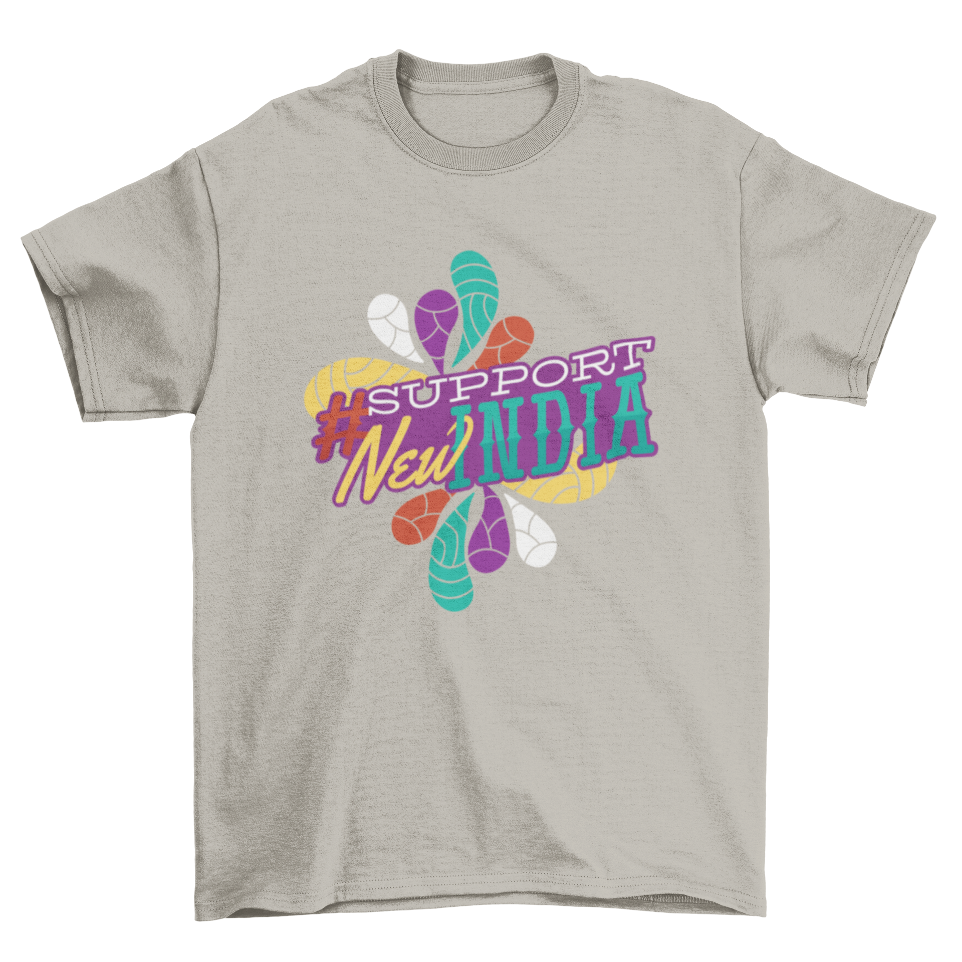 New India T-Shirt featuring a colorful graphic and hashtag Support New India, perfect for casual wear.