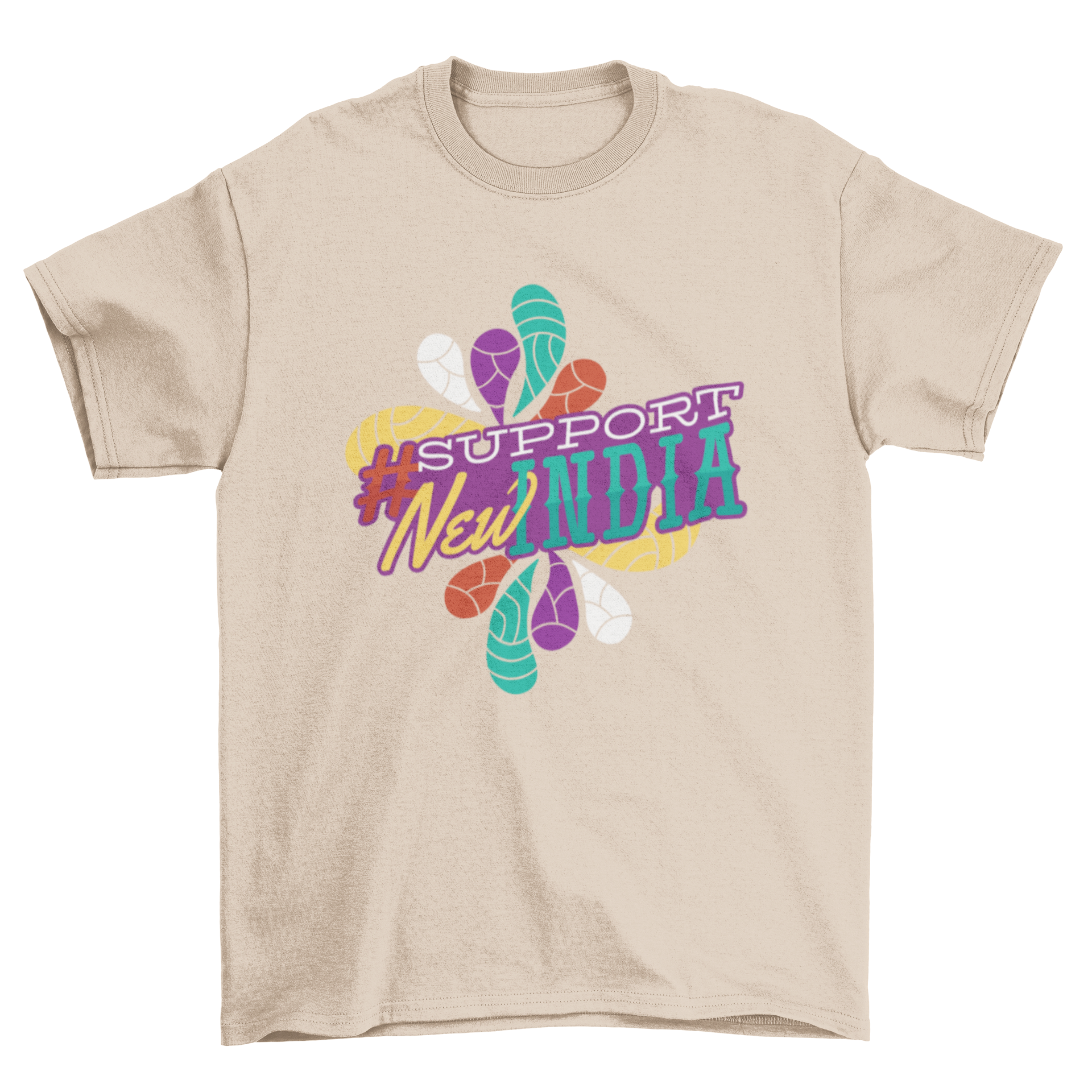 New India T-Shirt featuring a colorful graphic and hashtag Support New India, perfect for casual wear.