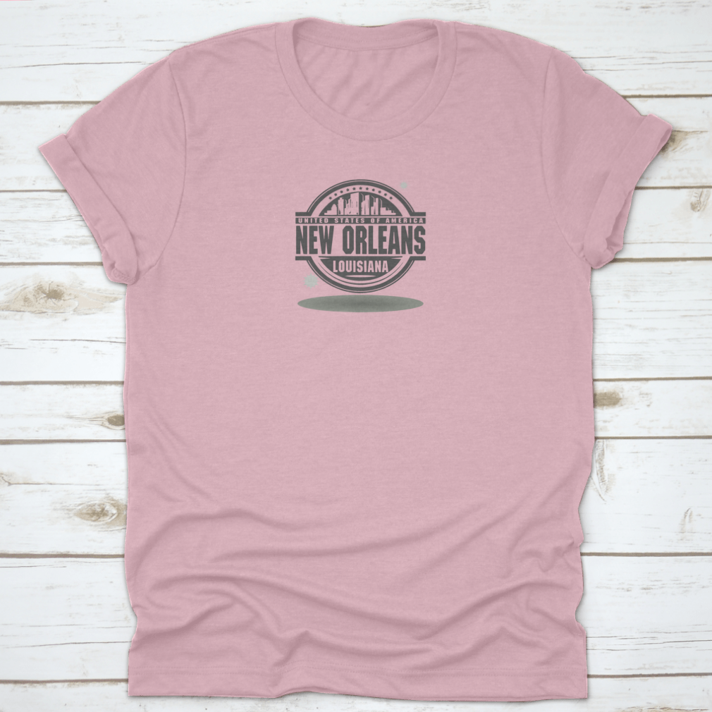 A stylish cotton t-shirt featuring the New Orleans Inside On Stamp design, showcasing vibrant colors and a comfortable fit.