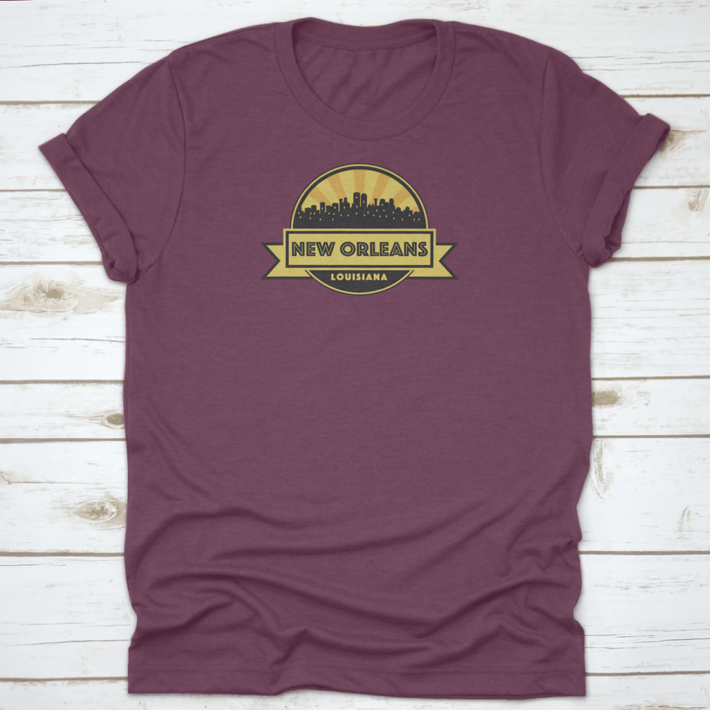 A stylish t-shirt featuring an abstract skyline design of New Orleans, showcasing iconic buildings and vibrant colors.