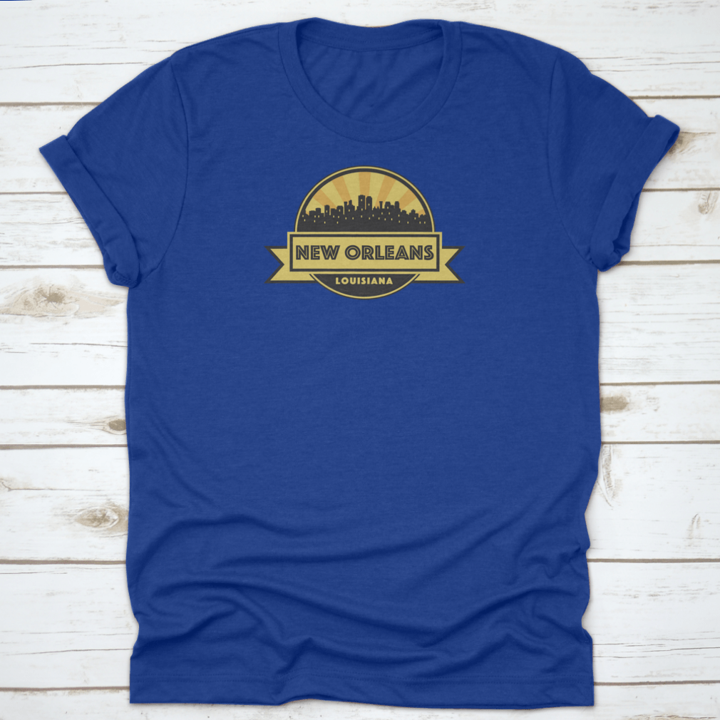 A stylish t-shirt featuring an abstract skyline design of New Orleans, showcasing iconic buildings and vibrant colors.