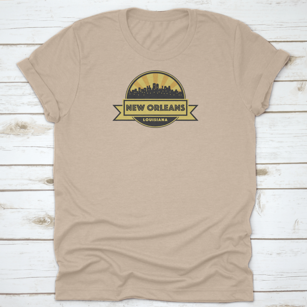 A stylish t-shirt featuring an abstract skyline design of New Orleans, showcasing iconic buildings and vibrant colors.