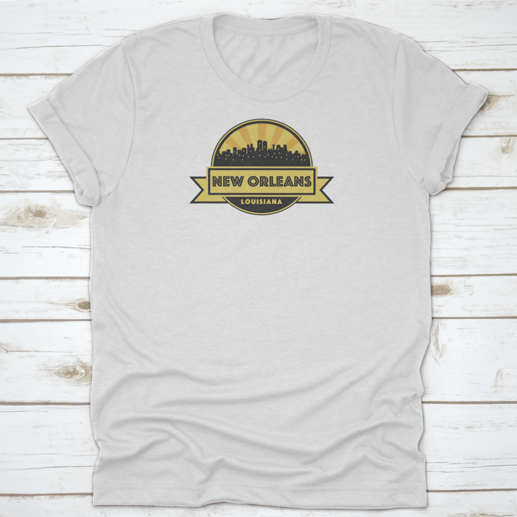 A stylish t-shirt featuring an abstract skyline design of New Orleans, showcasing iconic buildings and vibrant colors.