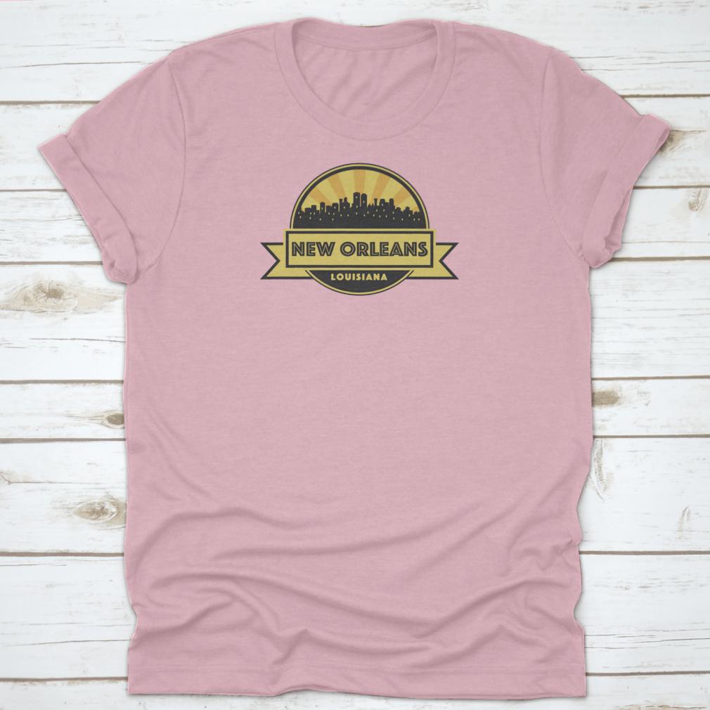 A stylish t-shirt featuring an abstract skyline design of New Orleans, showcasing iconic buildings and vibrant colors.