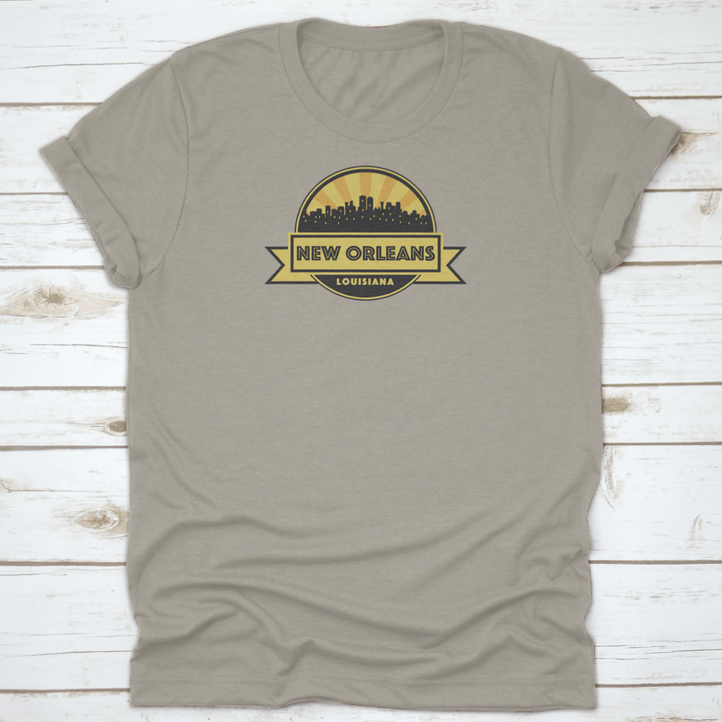 A stylish t-shirt featuring an abstract skyline design of New Orleans, showcasing iconic buildings and vibrant colors.