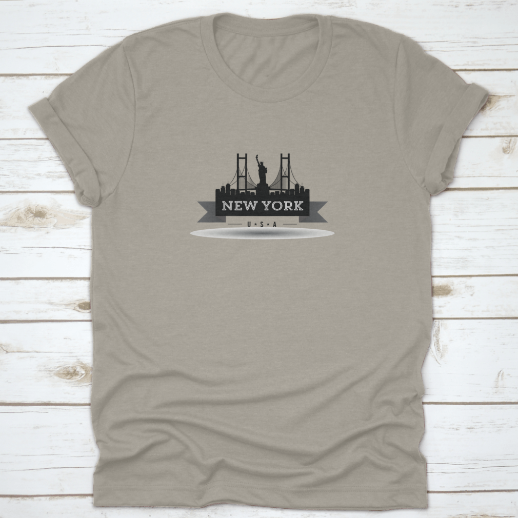 A stylish black t-shirt featuring the New York City skyline ribbon design, made from 100% cotton for comfort.