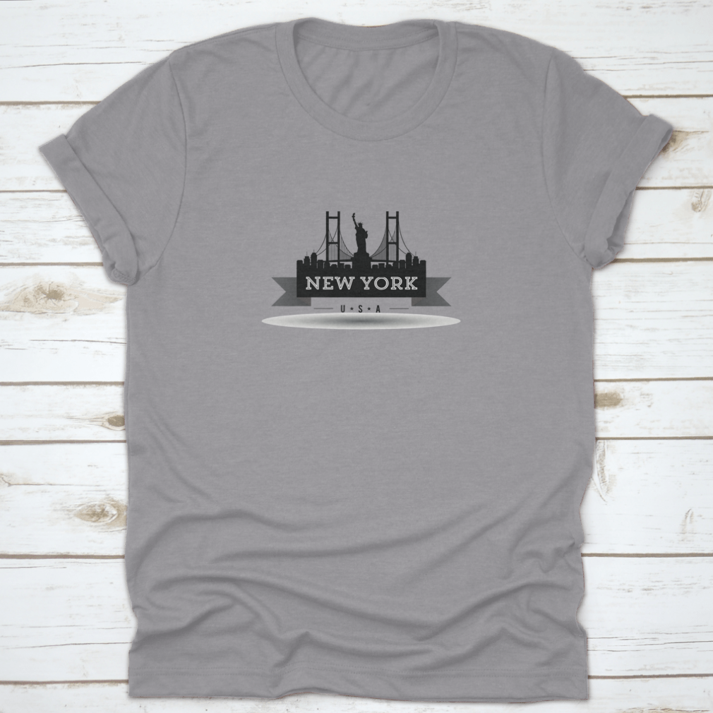 A stylish black t-shirt featuring the New York City skyline ribbon design, made from 100% cotton for comfort.