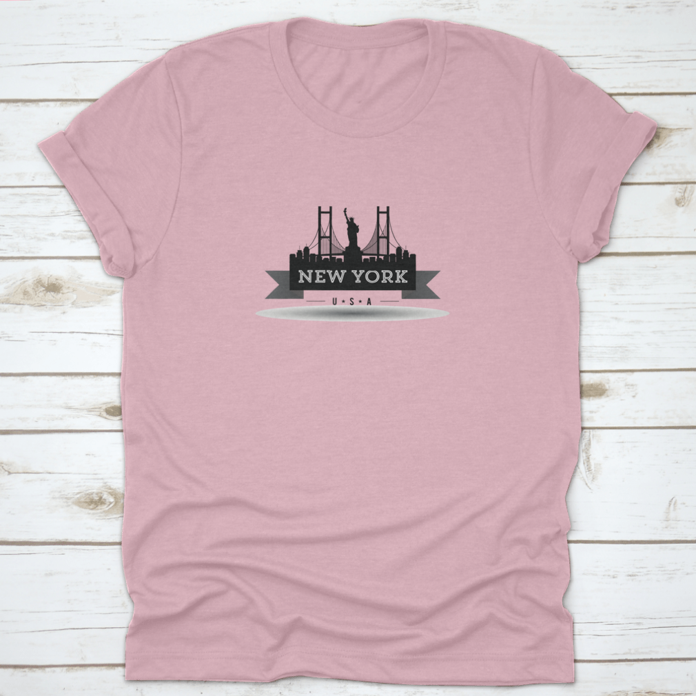 A stylish black t-shirt featuring the New York City skyline ribbon design, made from 100% cotton for comfort.